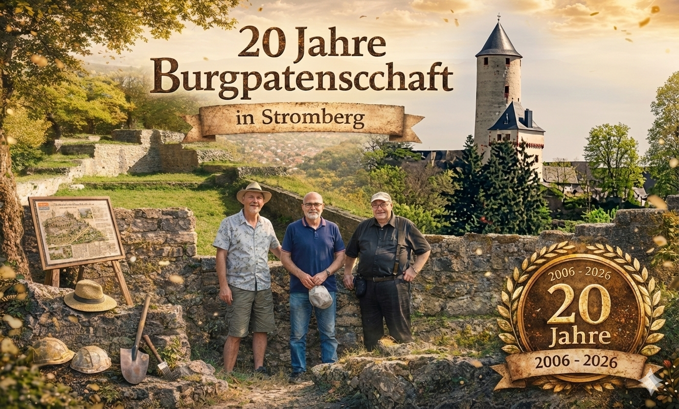 Ein von der Gemini-KI erstelltes, aber nur teilweise realistisches Bild zu 20 Jahre Burgpatenschaft. Dabei sind die 3 burgpaten im Vordergrund zu sehen, wie sie im Gemäuer der Alten Stromburg stehen und rechts im Hintergrund ist ein Teil der Stromburg zu sehen.